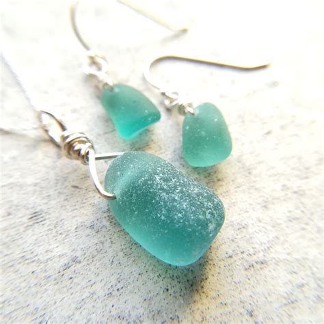 Teal Earrings And Necklace Set Genuine Sea Glass Sea Glass Etsy Canada