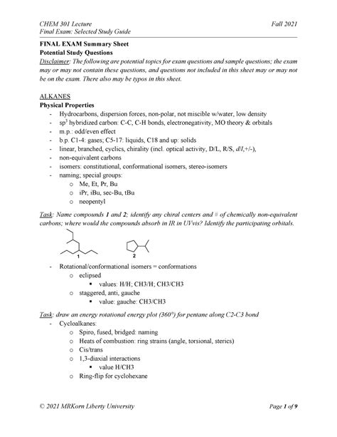 Final Exam ACS Study Guide Fall21 Organic Chemistry 2021 Final Exam