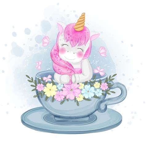 Premium Vector Cute Unicorn In A Cup Tea Illustration