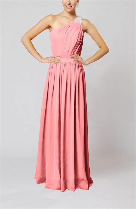 shell pink classic column one shoulder sleeveless chiffon pleated prom dresses