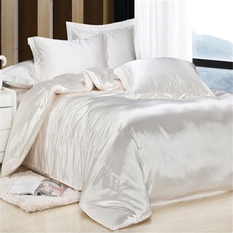 Luxury Milk White Silk Satin Bed Sheet Set Duvet Cover Flatted Sheet