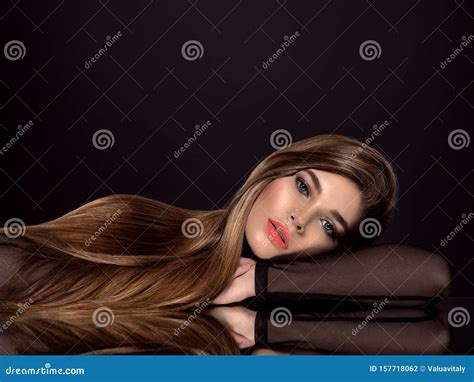 Woman With Beauty Long Brown Hair Beauty Woman With Living Coral Color Lipstick On Lips Stock