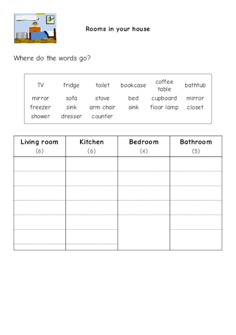 Rooms In Your House Sort Into Categories Worksheet Quickworksheets