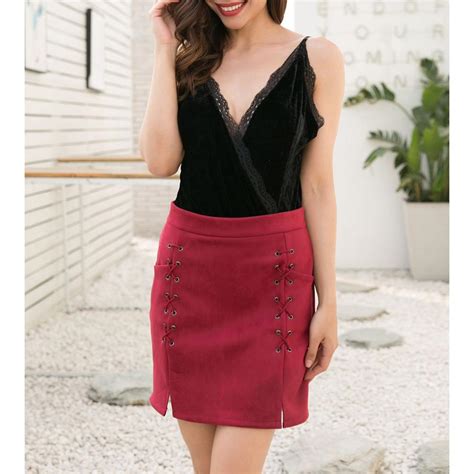 missky women skirt faux suede skirt lace up a line short skirt solid color slim fit for autumn