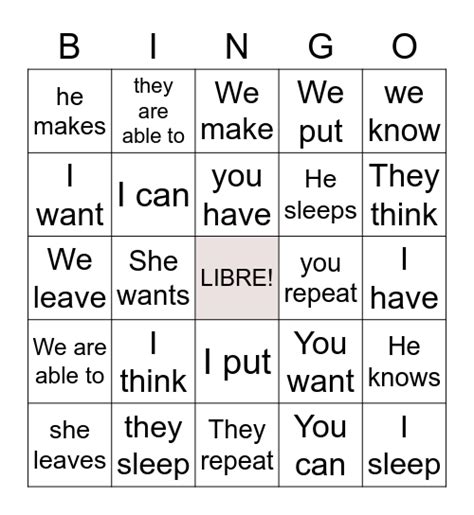 Verbos Irregulares Bingo Card