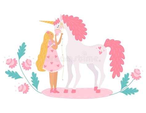 Unicorn Magical Horse Fantasy Animal And Girl Vector Illustration