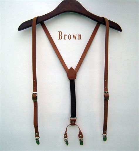Mens Leather Suspenders Y Back Retro Braces Clip On Belt New Brown