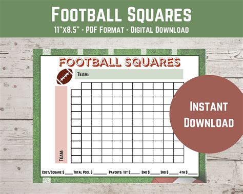 Football Squares Printable Template 100 Square Grid For Etsy