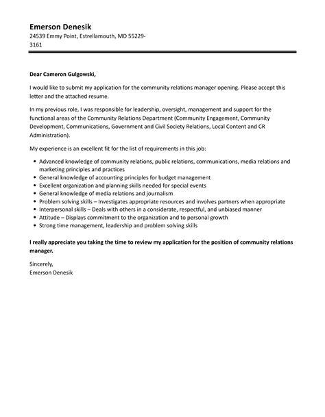 Community Relations Manager Cover Letter Velvet Jobs