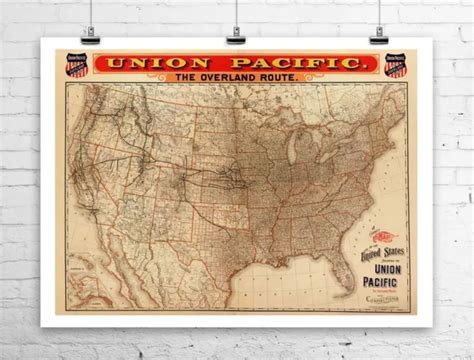 Antique United States Railroad Train Route Map Rolled Canvas Giclee