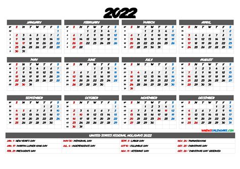 2022 Printable Yearly Holiday Calendar On One Page Download Free