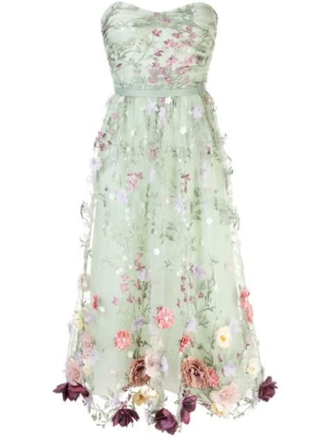 Strapless 3d Floral Embroidered Tea Length Dress Marchesa