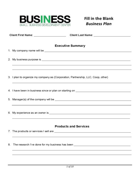 Sba Blank Business Plan Form Pdf