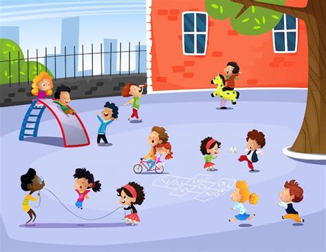 Ilustración De Vector De Niños Felices Jugando En El Patio De Recreo