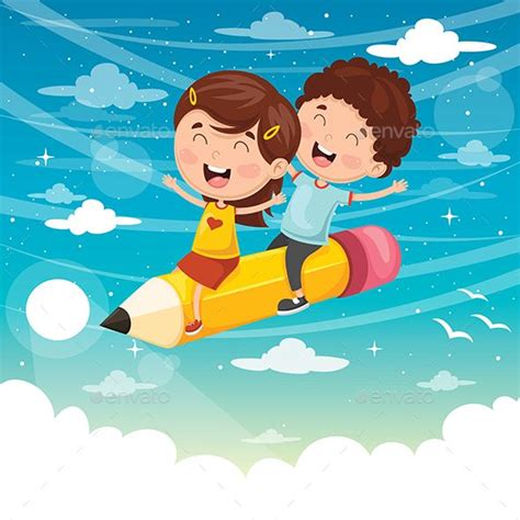 Vector Illustration Of Kids Flying With Pencil Vector Illustration