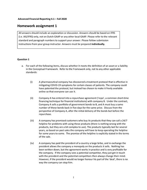 Afr 2020 Homework Assignment 1 Advanced Financial Reporting 4 Fall