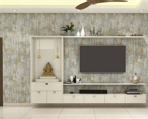 Spacious Tv Unit Design With Textured Wallpaper Livspace