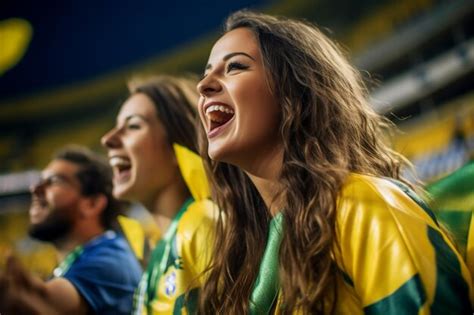 premium ai image brazilian female football soccer fans in a world cup stadium supporting the