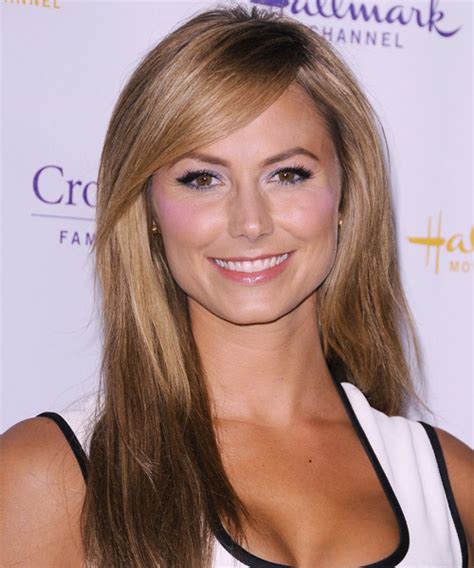 Stacy Keibler Long Straight Caramel Brunette Hairstyle With Side Swept Bangs And Blonde Highlights