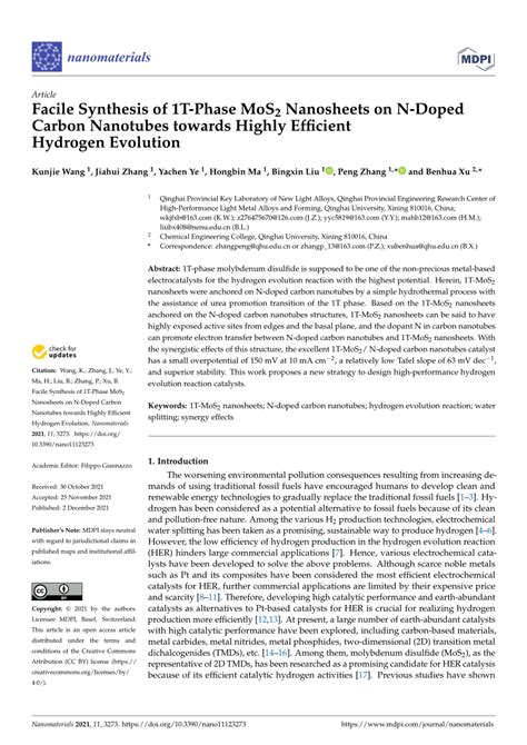 Pdf Facile Synthesis Of 1t Phase Mos2 Nanosheets On N Doped Carbon