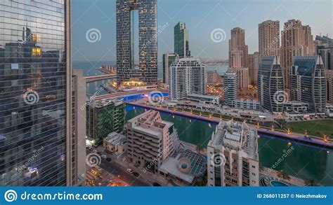Dubai Marina Skyscrapers And Jbr District With Luxury Buildings And