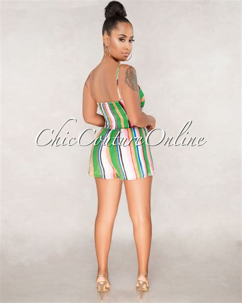 Chic Couture Online Isabel Green Multi Color Stripe Print Romper