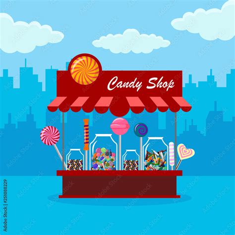 Candy Shop Store In City Sweet Candies In Glass Jar Isolated On