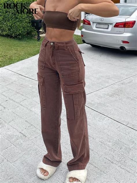 rockmore brown vintage baggy jeans women 90s streetwear pockets wide leg cargo pants low waist
