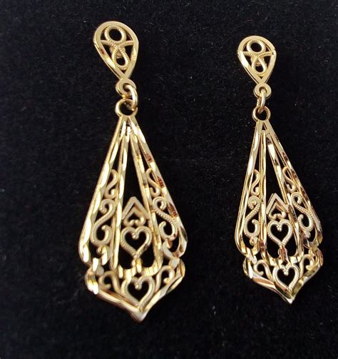 14k Gold Earrings Stud Dangle Highly Detailed Hearts Vintage M Etsy