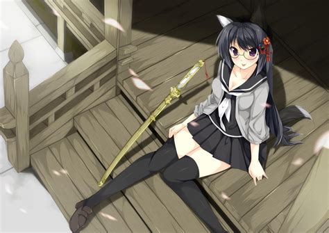 Wallpaper Anime Cat Girl Cleavage Schoolgirl Neko Ears Blades Japanese Sword Screenshot