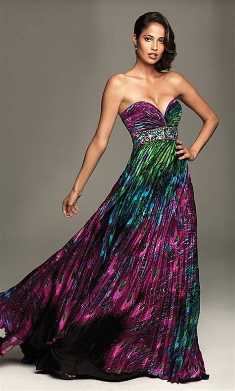 Peacock Print Pleated Evenings By Allure Formal Dress Printed Prom