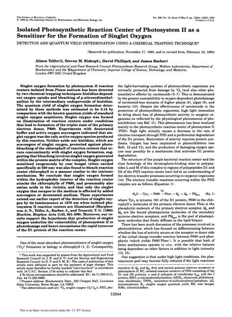 Pdf Isolated Photosynthetic Reaction Center Of Photosystem Ii As A Sensitizer For The