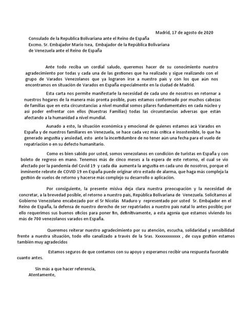 Modelo Carta A Embajadas Y Consulado Pdf Venezuela España