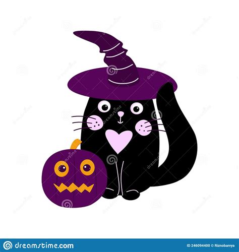 A Cute Black Cat In A Witch Hat Sits Next To A Halloween Pumpkin