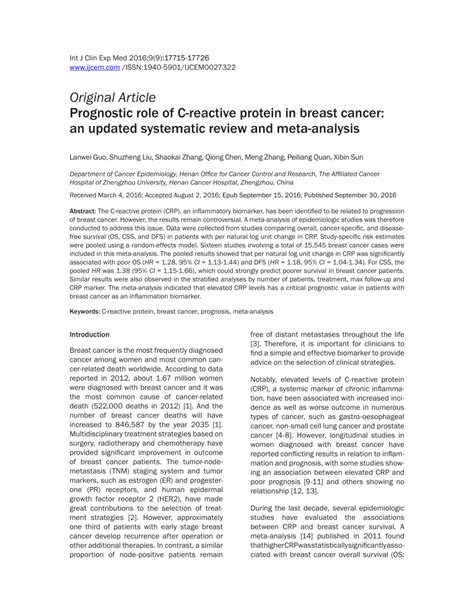 Pdf Prognostic Role Of C Reactive Protein In Breast Cancer An