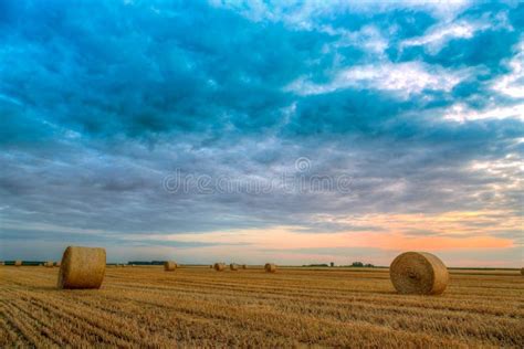Sunset Over Farm Field With Hay Bales Stock Photo Image Of Harvesting
