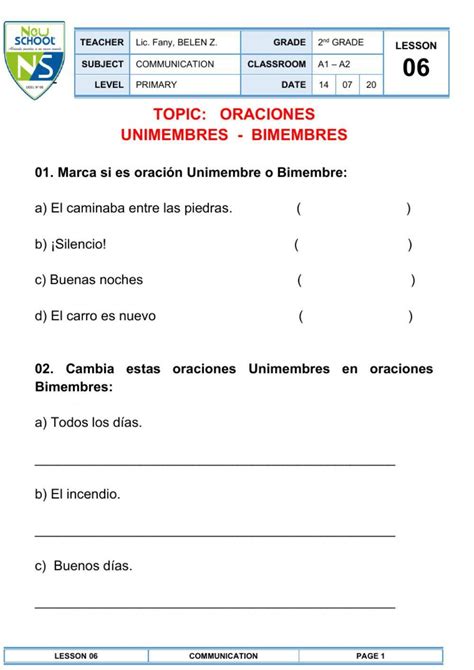 Oraciones Unimembres Y Bimembres Worksheet Live Worksheets