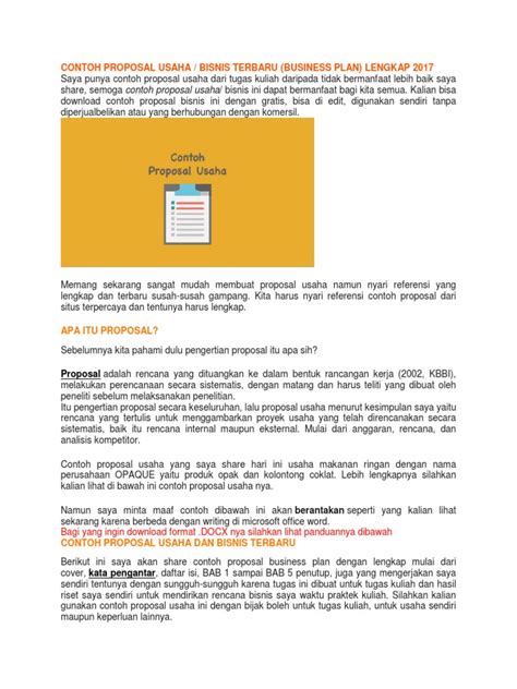 Tujuan utamanya merupakan untuk mencari donatur dana dalam hal. Contoh Proposal Usaha-1