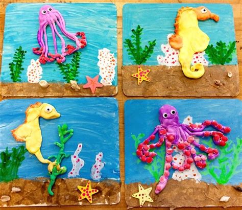 Model Magic Clay Sea Life On Wood Seahorse Octopus Art With Mr