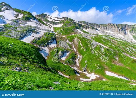 The Snow Capped Mountain Peaks In The Tropical Forest Stock Photo