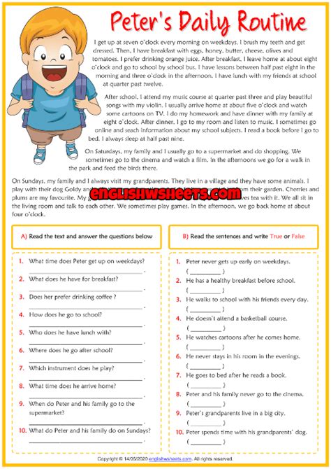 Daily Routines Esl Reading Comprehension Exercises Worksheet Images