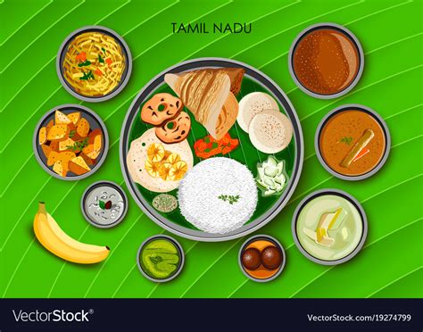 Traditional Cuisine And Food Meal Thali Of Tamil Vector Image