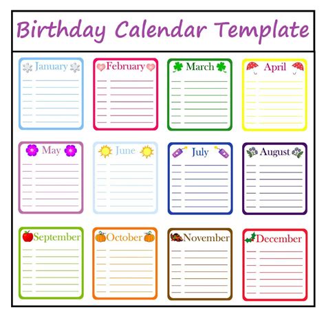 Birthday Calendar Template Free Calendar Template Perpetual Birthday