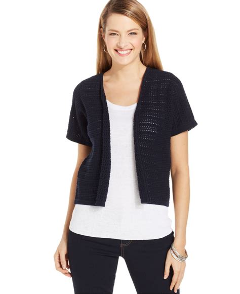 Jones New York Collection Open Knit Short Sleeve Cardigan In Blue Lyst