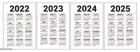 Kalender 2022 2023 2024 En 2025 Engelse Vectorset Verticale Wand Of