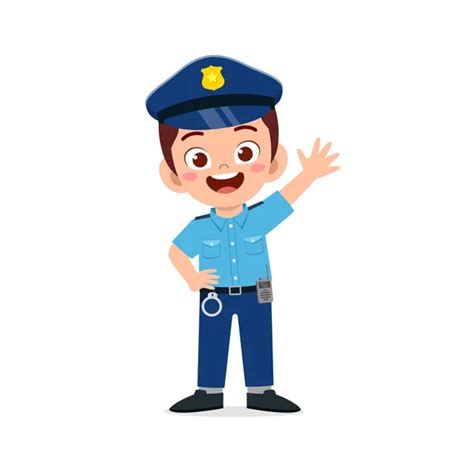 Happy Cute Little Kid Girl Wearing Police Uniform Holding Stop Stock
