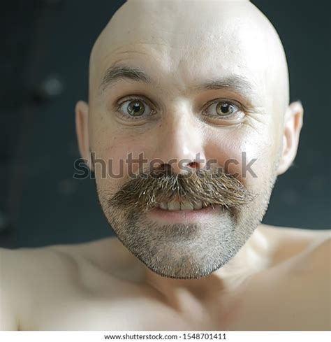 Cheerful Bald Man Mustache Portrait Young Stock Photo 1548701411