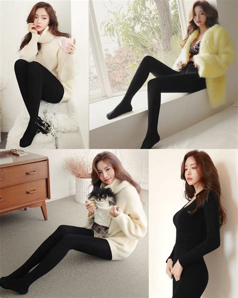 korean fashion model jin hee black tights and winter sweater dress