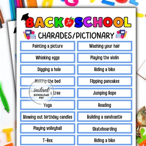 Back To School Charades Pictionary Game Printable Back To Etsy