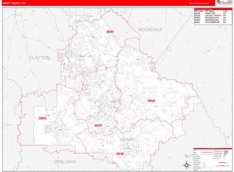 Henry County Ga Zip Code Wall Map Red Line Style By Marketmaps Mapsales